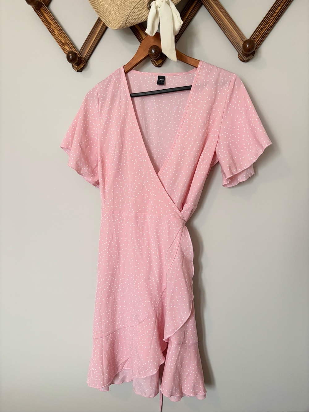 SHEIN Pink Polka Dot Ruffle Wrap Mini Dress